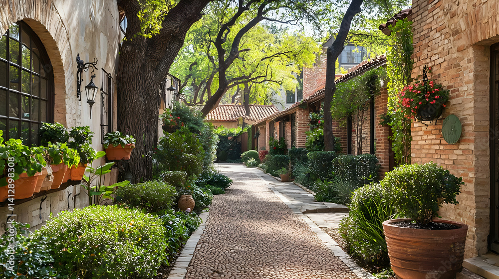 Charming Brick Pathway Lined With Lush Gardens And Trees