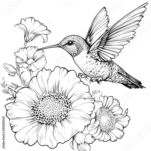 Hummingbird is perched on a flower. The flower is yellow and has a white center. The hummingbird is small and black