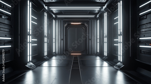 Dark sci fi spaceship corridor with glowing white lights and a sealed metal door in a futuristic high-tech environment.
