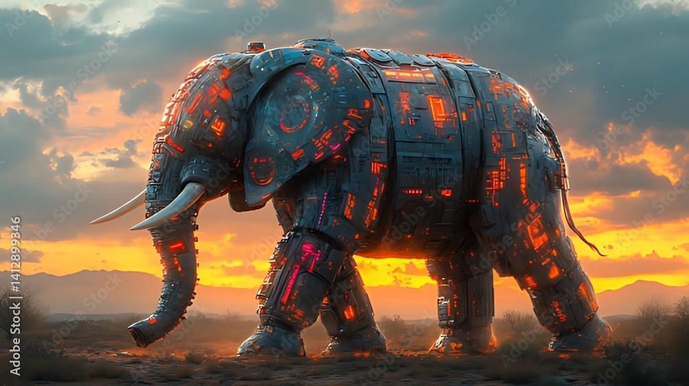 Obraz premium Robotic Elephant Sunset Savannah Digital Art