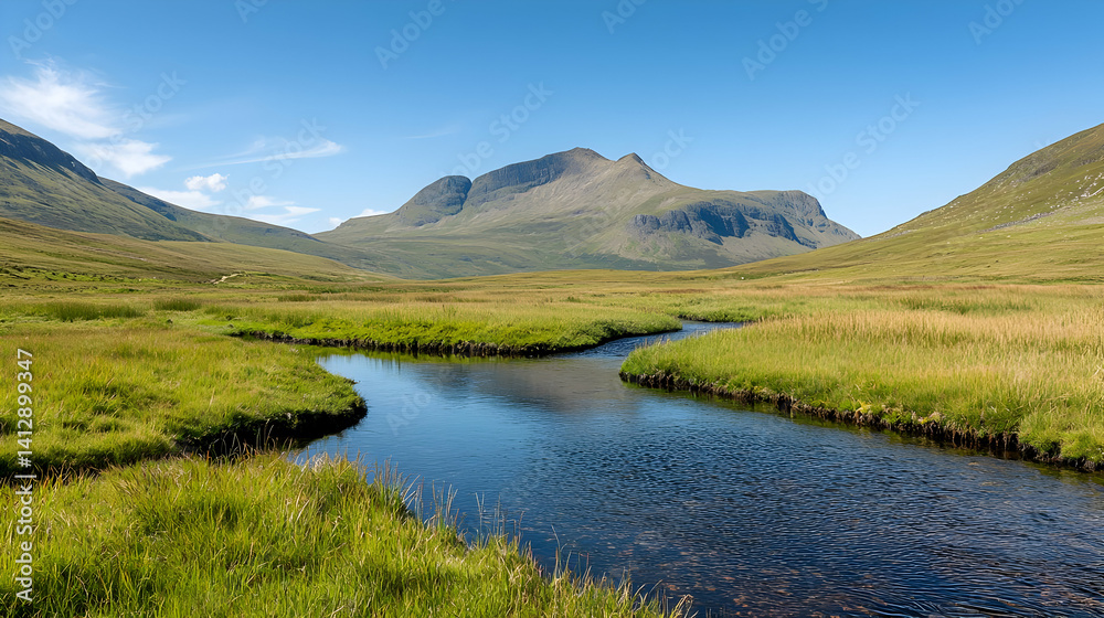 Mountain Valley With Stream And Lush Grass