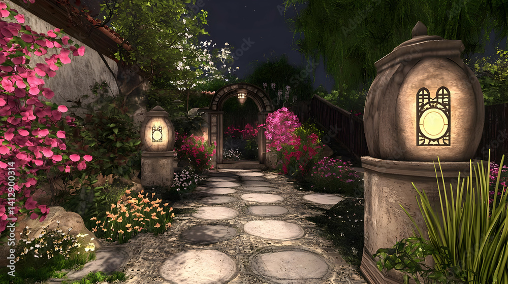 Nighttime Garden Path With Stone Pathway And Decorative Lighting