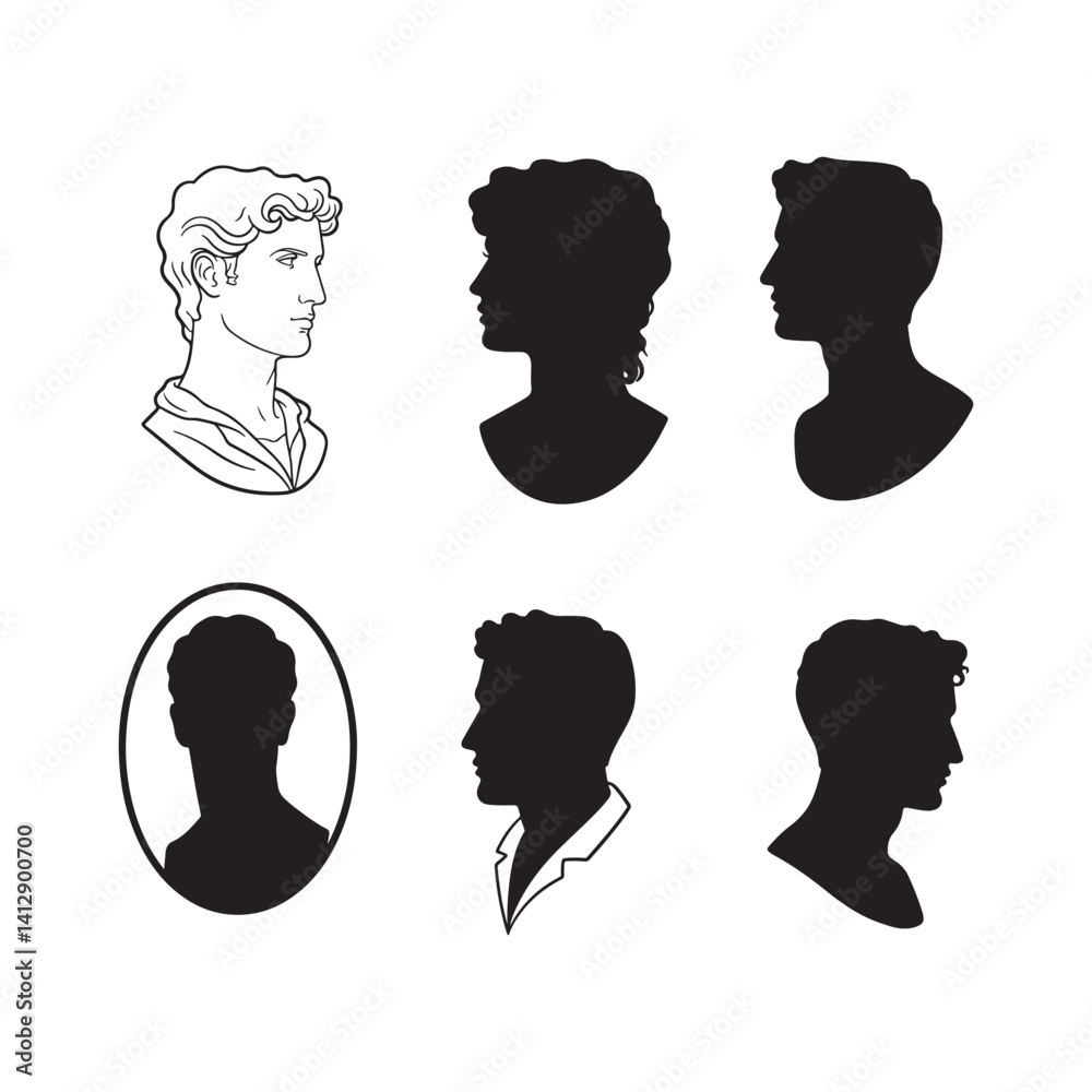 Vector silhouette set of man profile cameo icons with hairstyle and black outline style Vector silhouette set of man profile cameo icons with hairstyle and black outline style