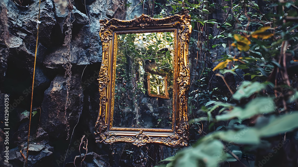 Antique Gold Frame Mirror In Forest Landscape