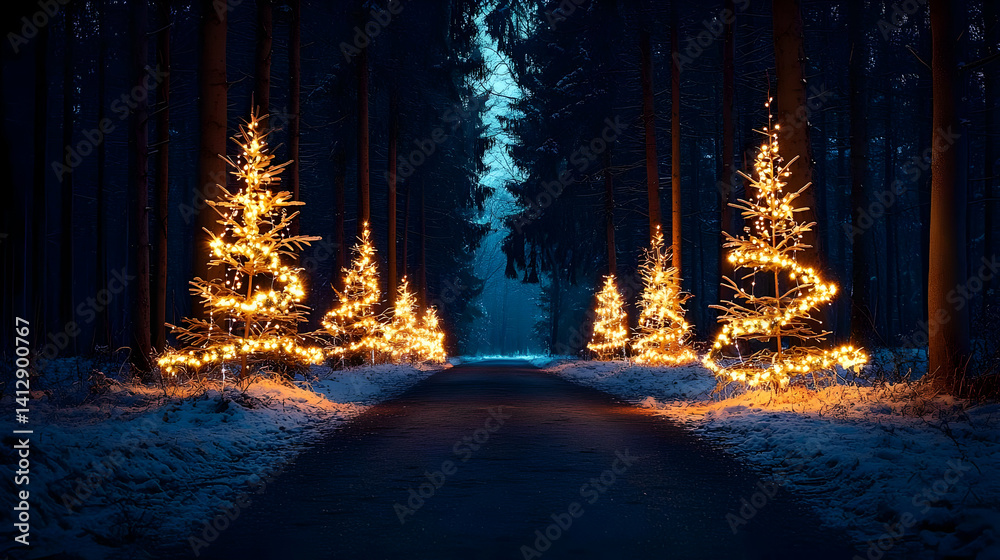 Snowy Forest Path At Night With Christmas Lights