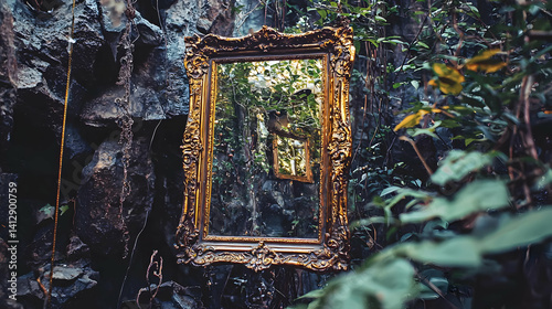 Obraz na płótnie Antique Gold Frame Mirror In Forest Landscape w salonie