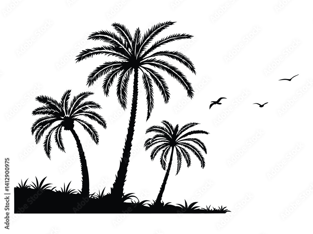 Fototapeta premium A collection of black palm tree silhouettes. Black palm trees set isolated on a white background. Palm silhouettes. Design of palm trees for posters, banners, and promotional items.