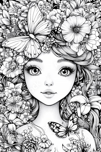 Girl with a butterfly on her head. The butterfly is on the right side of the girl's head