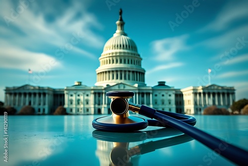 U.S. Capitol building, stethoscope in foreground, healthcare policy concept, soft focus background, teal and blue tones, reflective surface, symbolic imagery, political healthcare debate, Washington D