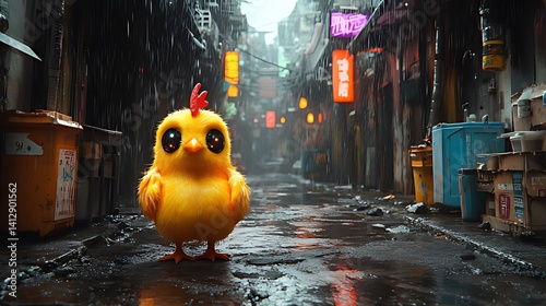 Cute chick stands alleyway, neon signs, rain, 3D render, animation