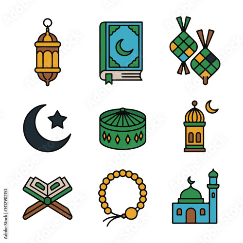 Flat Islamic Icon Set for Muharram, Ramadan and Eid.