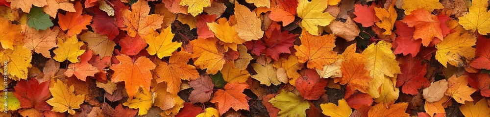 Colorful Autumnal Maple Leaves Lying Fallen in Dense Layer on Forest Ground View Colorful Autumnal Maple Leaves Lying Fallen in Dense Layer on Forest Ground View