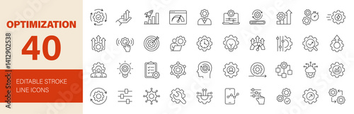Optimization icon set. Containing development, improvement, process, setting, setup, workflow, gear, control, automation, productivity and more. Editable line icons. Vector illustration.