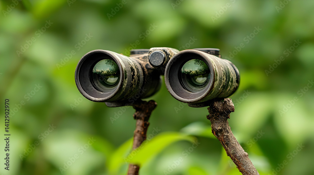 Vintage Camouflage Binoculars in Forest