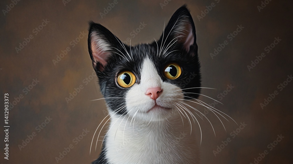 Elegant Tuxedo Cat Portrait with Intense Golden Eyes and Expressive Whiskers Elegant Tuxedo Cat Portrait with Intense Golden Eyes and Expressive Whiskers