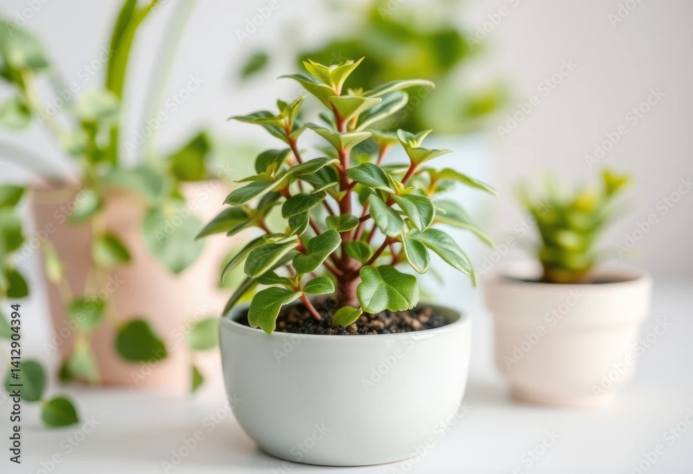 Fototapeta premium Lush Green Houseplants in Pastel Pots Vibrant Indoor Foliage Plants Home Decor