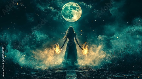 Hecate with three faces, torches in hand, standing at a crossroads under full moon, enchanted mist around her, ethereal 8K