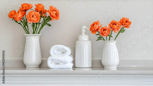 Obraz na płótnie Orange Flowers And White Towels On Marble Countertop w salonie