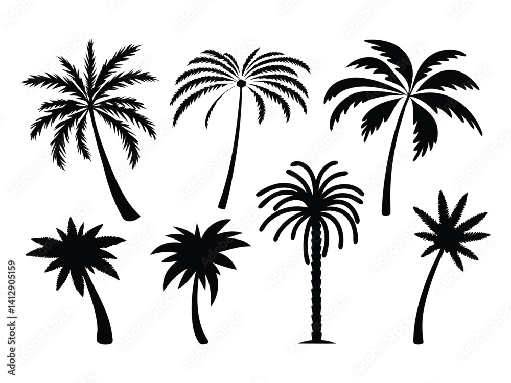 Obraz premium A collection of black palm tree silhouettes. Black palm trees set isolated on a white background. Palm silhouettes. Design of palm trees for posters, banners, and promotional items.