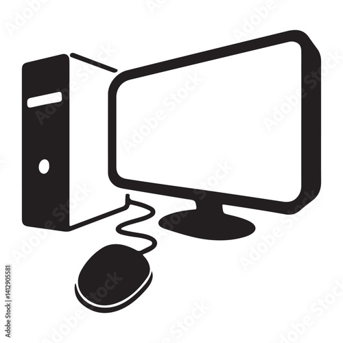 The image depicts a desktop computer arrangement, including a monitor, tower, keyboard, and mouse.