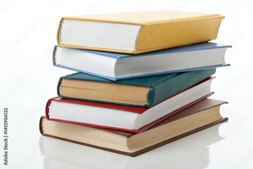 A captivating stack of books, promising untold stories and adventures, rests invitingly on a pristine white surface; a vibrant collection ready for eager readers. A captivating stack of books, promising untold stories and adventures, rests invitingly on a pristine white surface; a vibrant collection ready for eager readers.