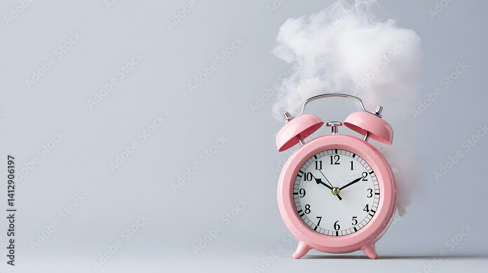 Pink Alarm Clock With Smoke Cloud On Gray Background