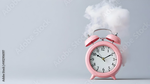 Obraz na płótnie Pink Alarm Clock With Smoke Cloud On Gray Background w salonie