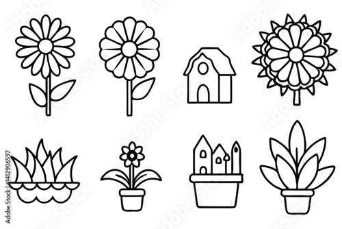 Flower Farm Illustration Set with Various Blooming Flowers