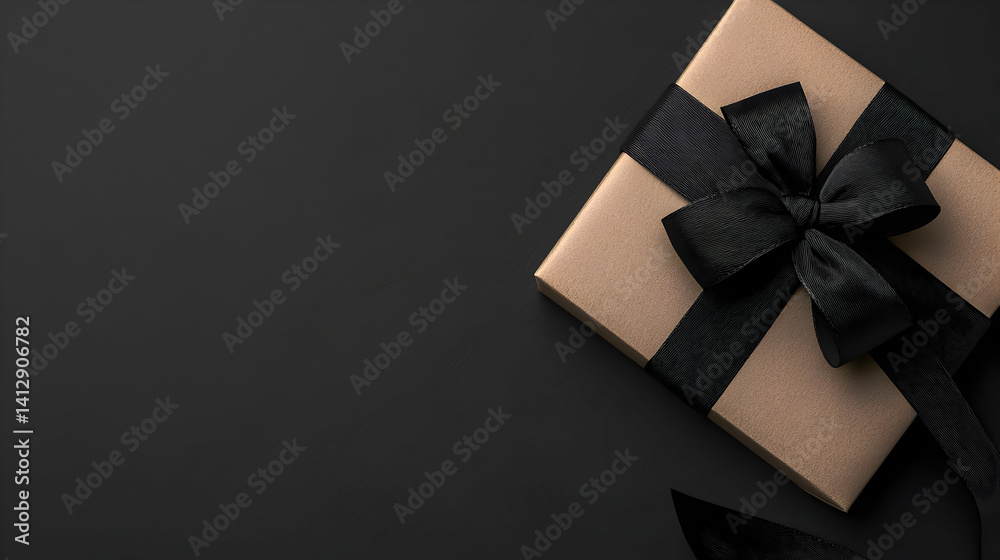 Elegant Gift Box With Black Ribbon On Dark Background