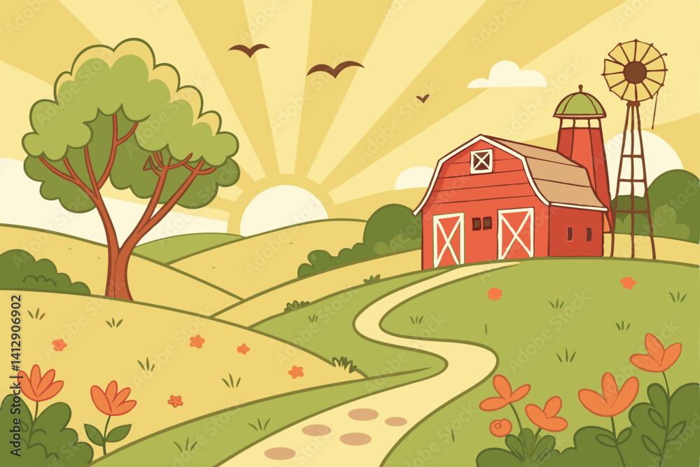 Fototapeta premium 29 Cartoon farm landscape, vibrant sunset sky, red barn, water tower, windmill, curved dirt road, lush green trees, rolling hills, colorful flowers, birds flying, warm golden sunlight, panoramic view,