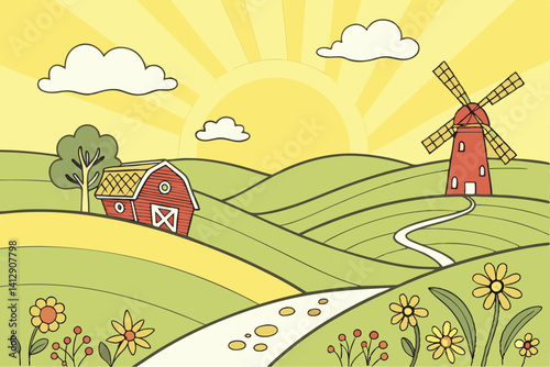30 Vibrant cartoon farm landscape, rolling green hills, bright yellow sky, radiant sun with sunbeams, fluffy white clouds, red windmills, red and blue barn, winding yellow path, colorful wildflowers, 