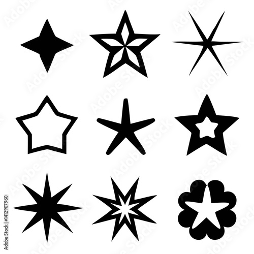 A collection of nine unique star shapes, each with a distinct personality, radiating simple elegance and graphic charm in bold black silhouettes against a pristine white background.