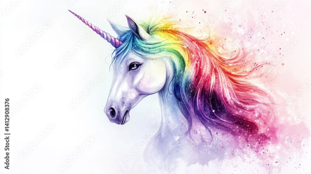 A striking unicorn stands gracefully, showcasing a flowing rainbow mane. The backdrop is a blend of soft pastel colors, enhancing the magical atmosphere surrounding the creature A striking unicorn stands gracefully, showcasing a flowing rainbow mane. The backdrop is a blend of soft pastel colors, enhancing the magical atmosphere surrounding the creature