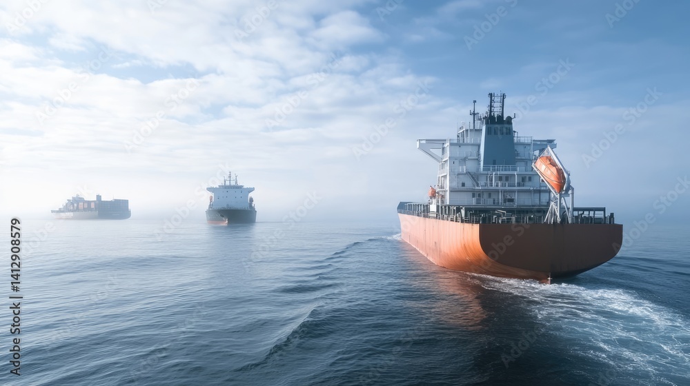 Fototapeta premium Tranquil Seascape with Cargo Ships Navigating Through Misty Waters Under a Gloomy Sky