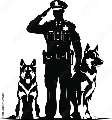 Police Officer Saluting With Canine Companions Black Silhouette Illustration