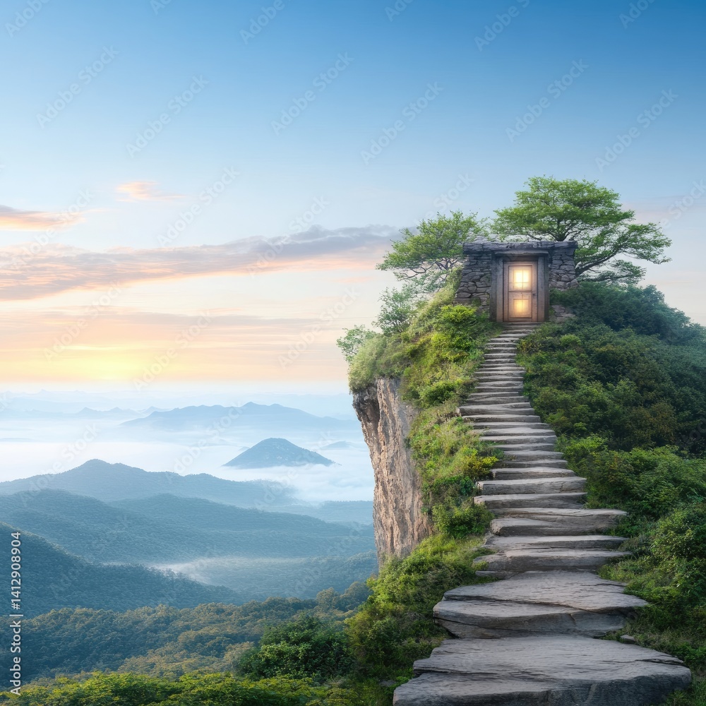 Fototapeta premium Enchanted pathway leading to a mysterious door on a rocky summit surrounded by vast landscapes and serene mountains under a beautiful sky