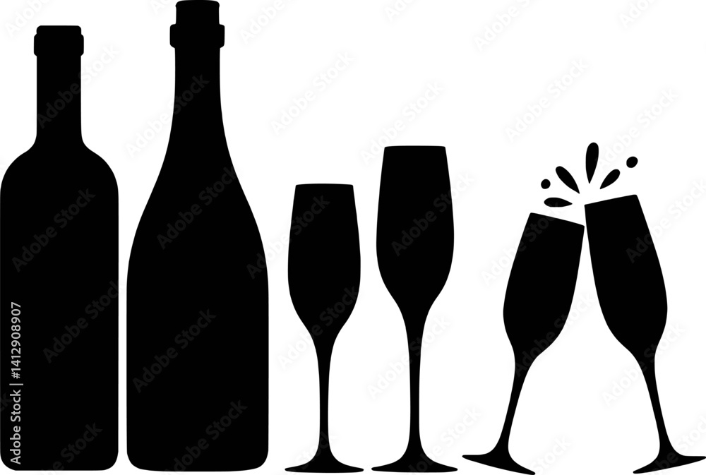 Elegant Wine And Champagne Bottles With Clinking Glasses Silhouette Vector Design Elegant Wine And Champagne Bottles With Clinking Glasses Silhouette Vector Design