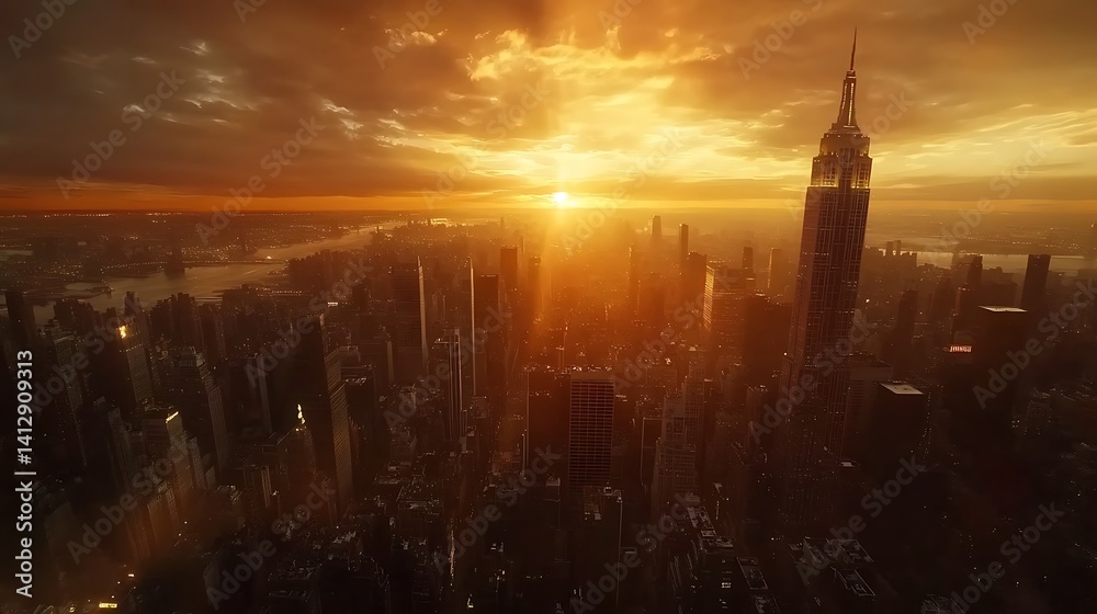 Fototapeta premium Urban reflections shine over skyline as sun sets beautifully high resolution picture