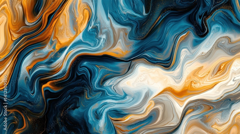Obraz premium Vibrant swirls of blue, orange, and cream intertwine to create a mesmerizing abstract design. This artwork showcases fluid patterns and dynamic movement, inviting creative expression