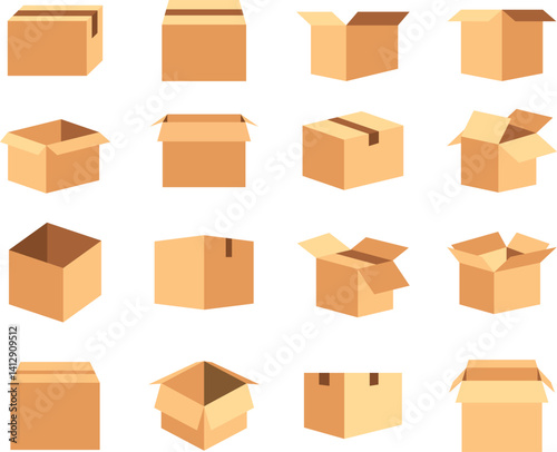 Packaging box illustration set. Includes of packaging, carton, shipment, delivery, cardboard, and More. Vector flat color collection
