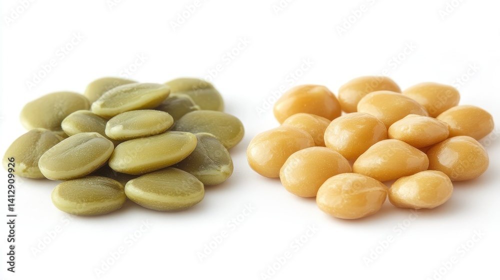 Green and yellow split peas, isolated on white Green and yellow split peas, isolated on white