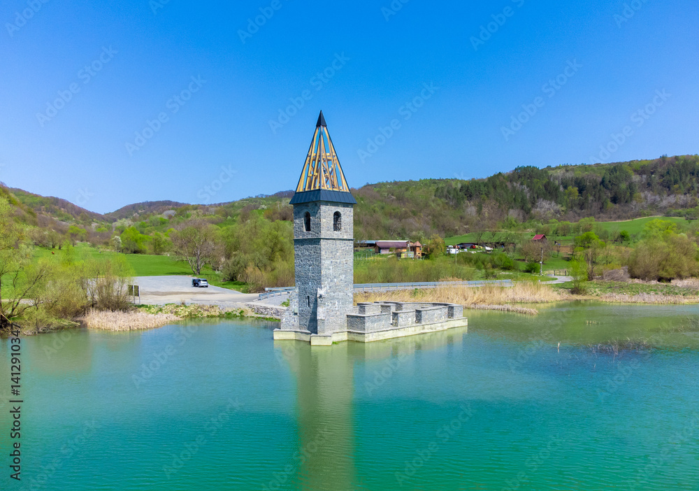 Landscape with church ruins from Bezid Lake, Mures County - Romania