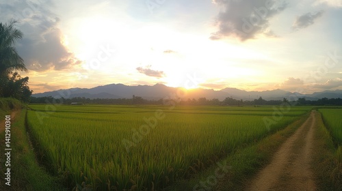 Lush paddy fields at sunset, rural landscape photo