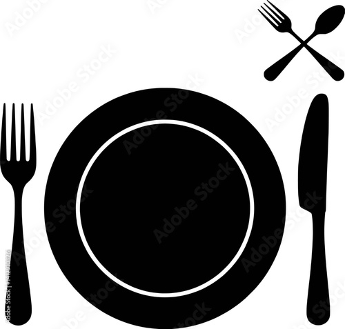 Black Cutlery Silhouette Plate Knife Fork Spoon Dining Dinner Icon Set