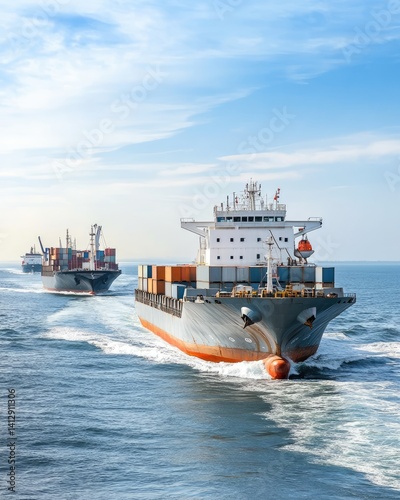 Cargo Ships Navigating Calm Waters with Clear Blue Skies and Beautiful Horizon in Background During Bright and Sunny Day