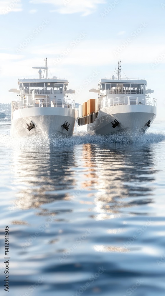 Naklejka premium Two Modern Cargo Ships Navigating Calm Waters with Reflection Under Clear Blue Sky, Representing Maritime Trade and Transportation Efficiency