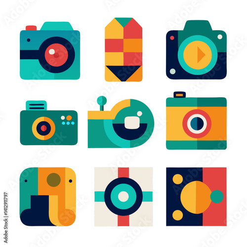 A vibrant collection of playful camera icons celebrating the joy of photography and memories, featuring bold colors and geometric shapes.