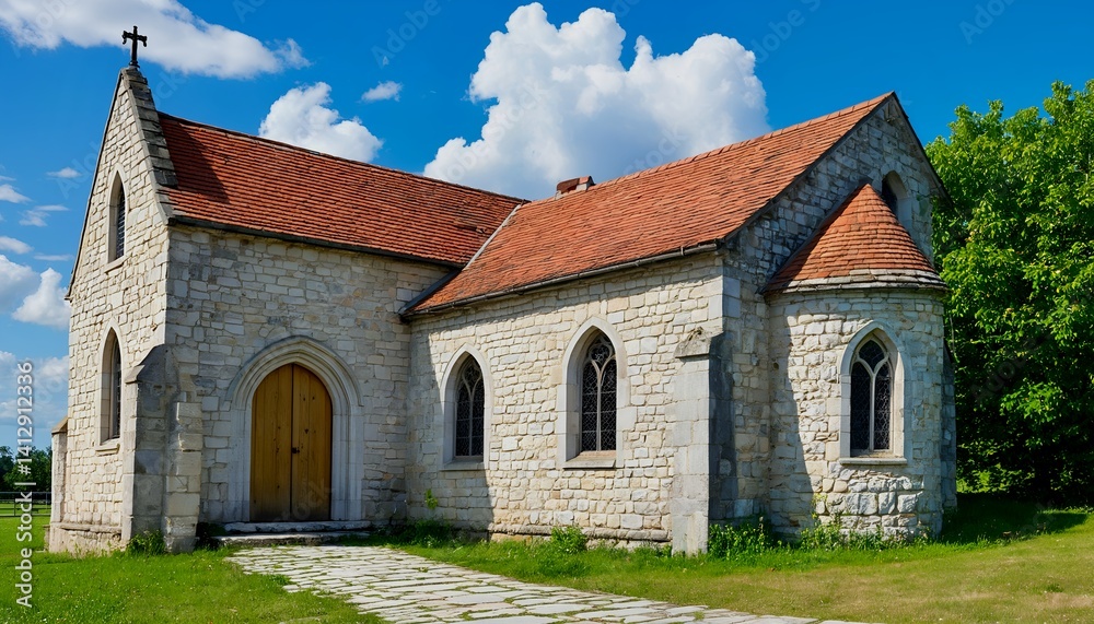 a quaint stone chapel with a terracotta tiled roof stands serenely against a vibrant blue sky dotted with fluffy white clouds. a quaint stone chapel with a terracotta tiled roof stands serenely against a vibrant blue sky dotted with fluffy white clouds.