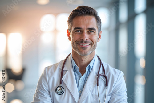 A friendly and approachable doctor with a stethoscope, smiles warmly, looking directly at the camera.