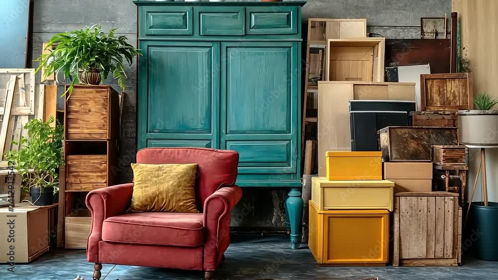 Cozy armchair amidst a creative chaos of vintage furniture and wooden boxes